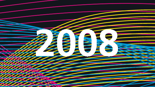 Das Jahr 2008 auf einem dunklen Hintergrund mit vielen welligen Linien in rosa, blau und gelb