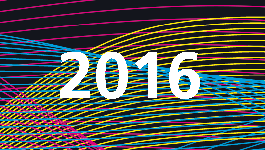 Das Jahr 2016 auf einem dunklen Hintergrund mit vielen welligen Linien in rosa, blau und gelb